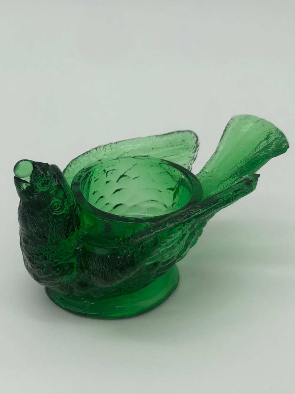 Vintage DEGENHART Emerald Green Glass Bird & Berry Candle Salt Cellar